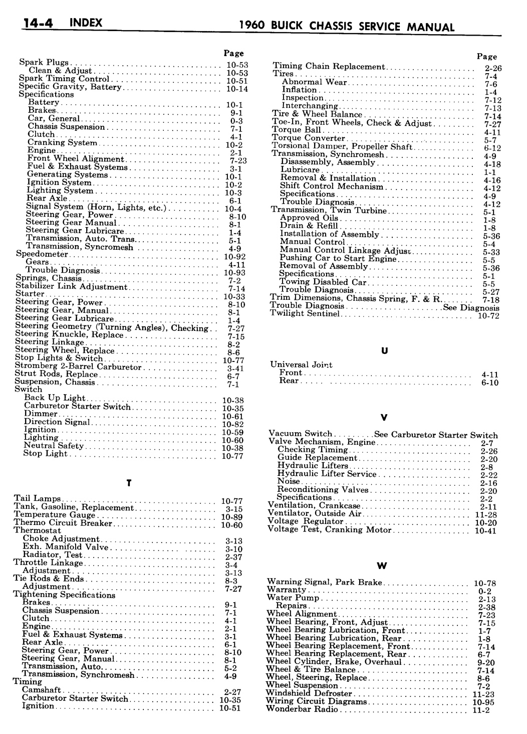 1960 Buick Chassis Service Manual - Index Page 4 Of 4